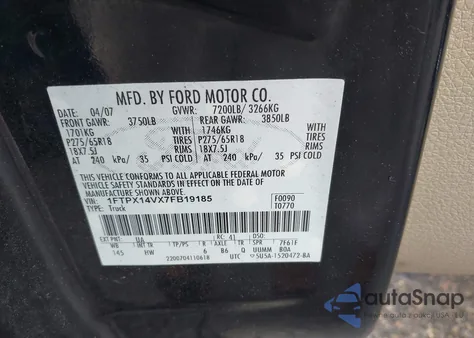 2007 Ford F-150 Fx4/Lariat/Xl/Xlt z USA, uszkodzony, nr VIN 1FTPX14VX7FB19185